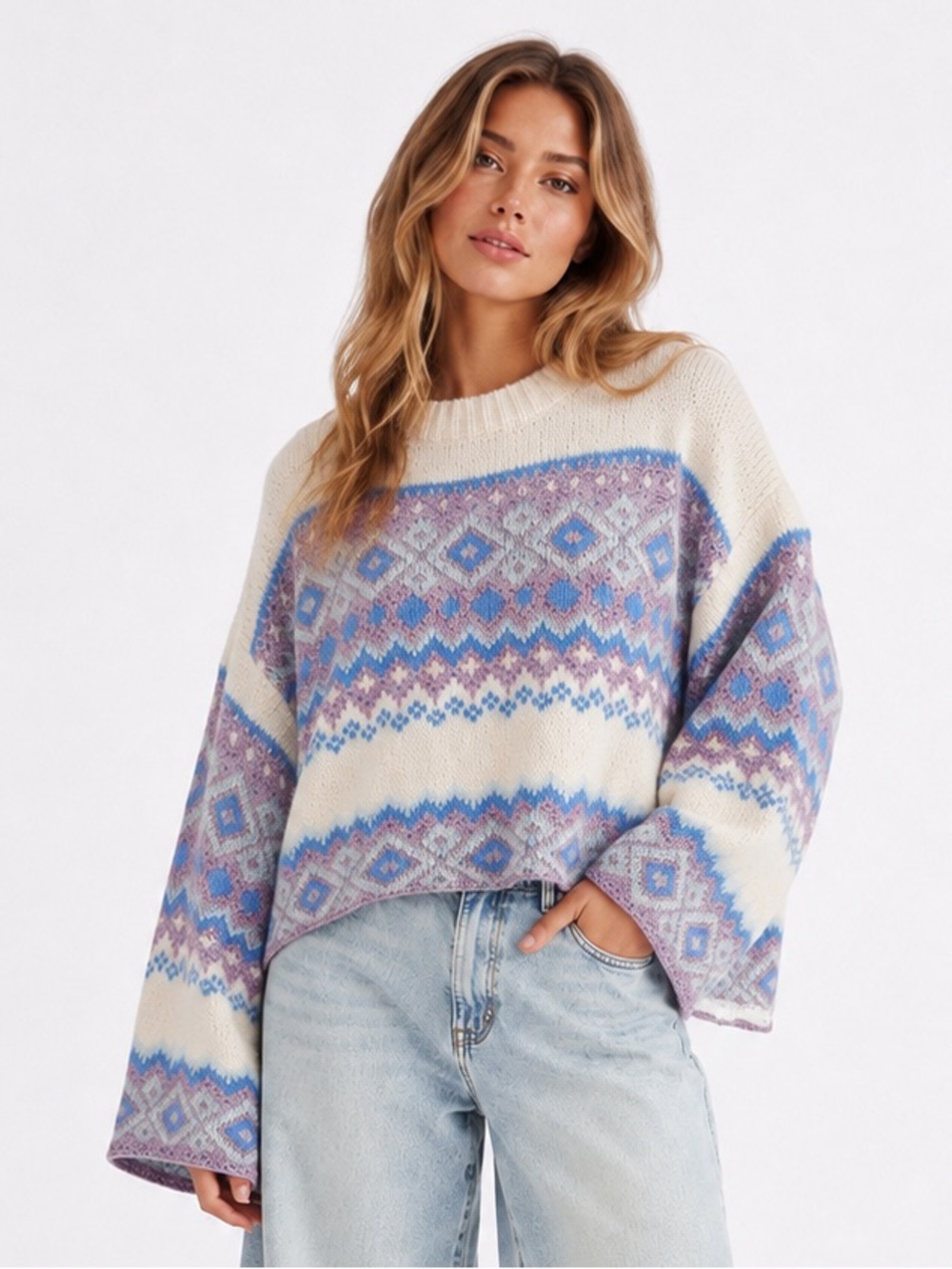 Francesca’s Fair Isle Wool Blend Cropped Sweater Pastel Nordic Knit S Oversized